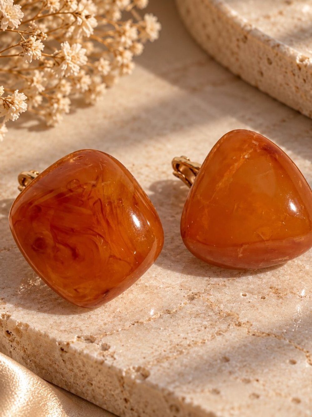 Vintage Amber Lucite Cube Clip-On Earrings